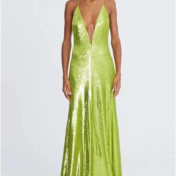Halston Neon Kiara Green Sequin Deep V-Neck Slip Gown Floor Length Dress Size 10 - Picture 1 of 16